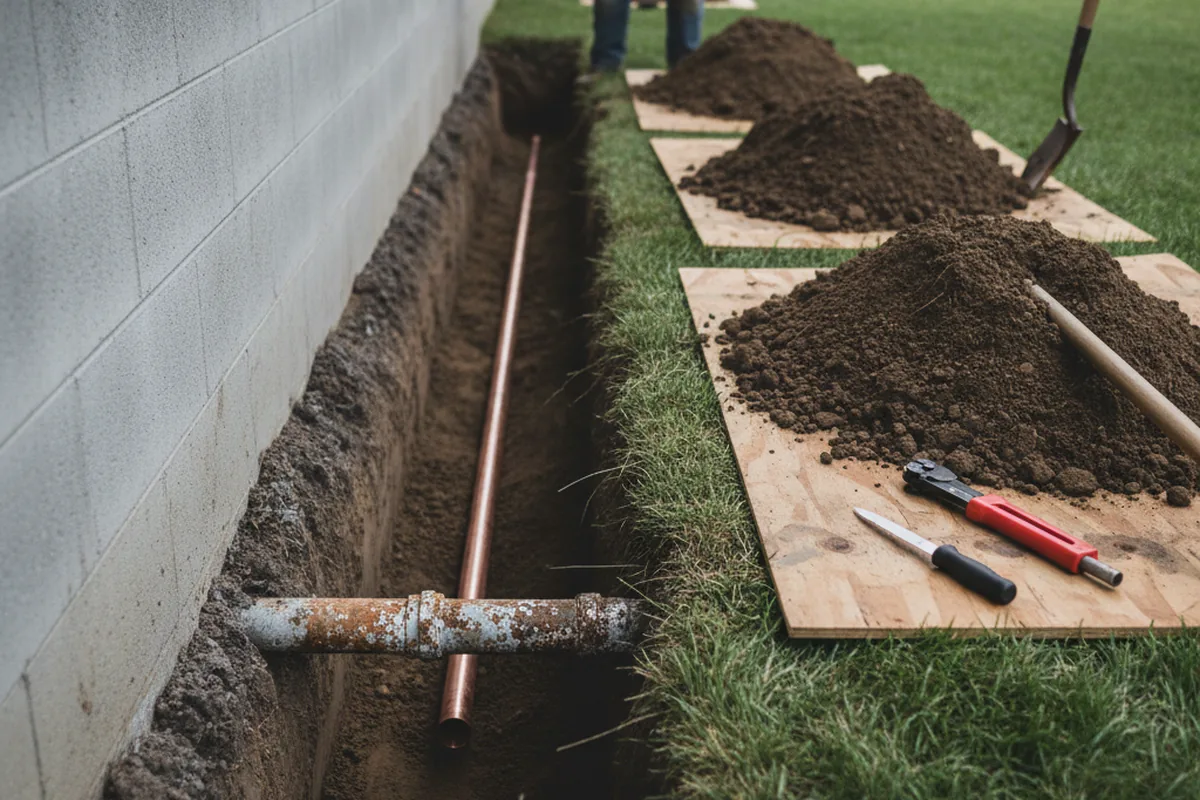 Excavated water line trench during Water Softener Installation in Pine Grove